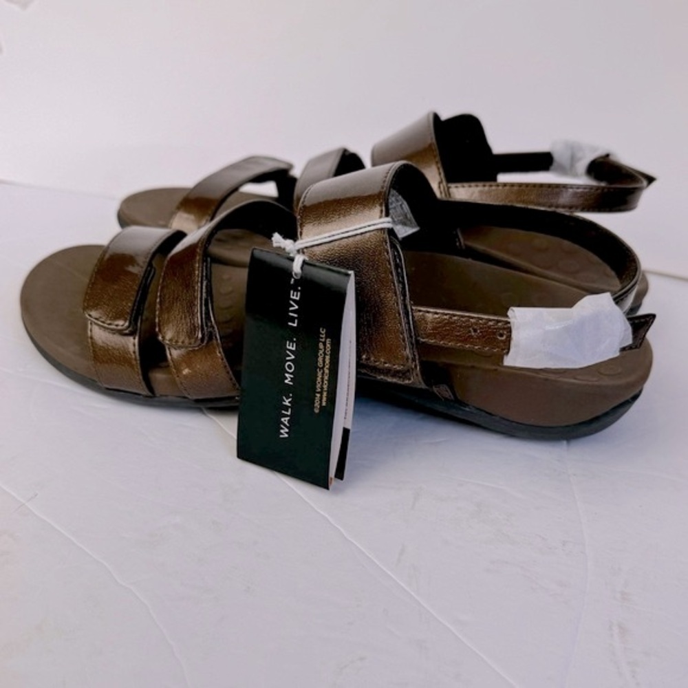 Vionic NEW Teagan 3 Strap Patent Bronze Faux Leather Adjustable Sandals Slides 8 - Picture 3 of 16